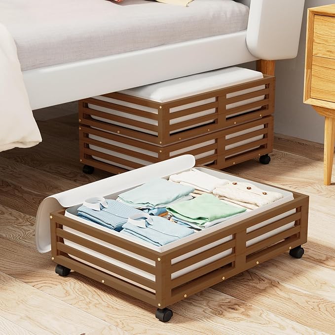Bamboo Under Bed Storage Containers- Underbed Organizer with Wheels with Large Dust Bag,Sturdy Wood Rolling Under the Bed Shoe Storage Organizer Drawer 2 Packs (Walnut, Small)-Ruum Studio Home