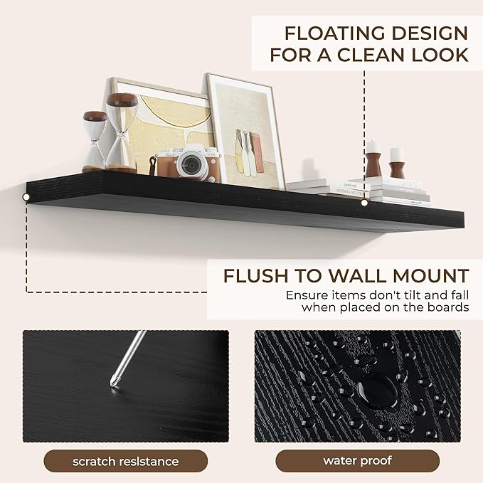 RICHFOCUS 55Inch Floating Shelves for Wall 2 Pack Shelves for Bedroom|Kitchen|Bathroom Wall Mounted Rustic Wood Floating Shelf with Invisible Brackets for Books|Storage|Decor, Black-Ruum Studio Home