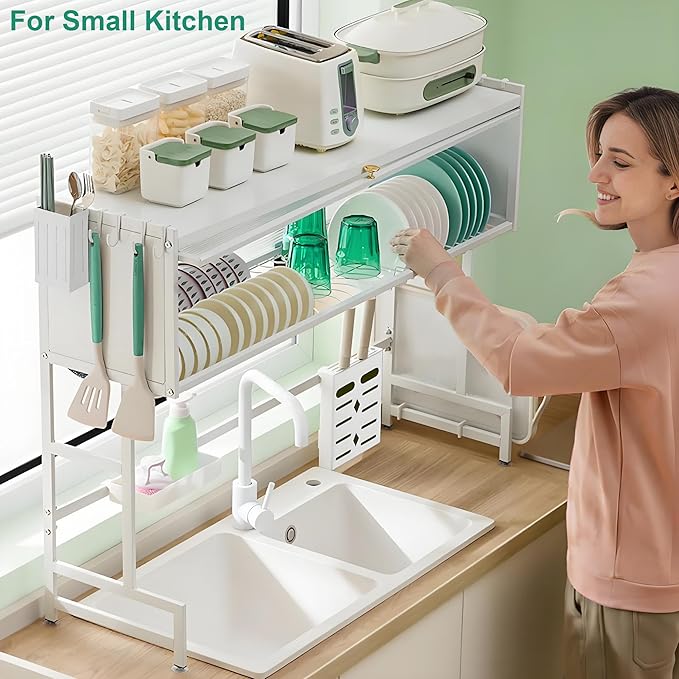 Dish Drying Rack, 3-Tier Over Sink Dish Drying Rack, 33.5" Sink Dish Rack for Small Kitchen, Space-Saving Sink Dish Rack with Cover, Baskets, Utensil, Large Kitchen Storage Organizer White-Ruum Studio Home