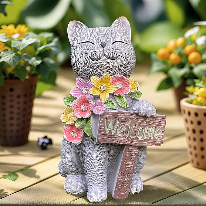Solar Cat Garden Statue for Outdoor Decor, Cat Solar Light with Flowers, Resin Welcome Cats for Garden, Yard, Lawn Decor, Cats Lover Gifts for Women-Ruum Studio Home