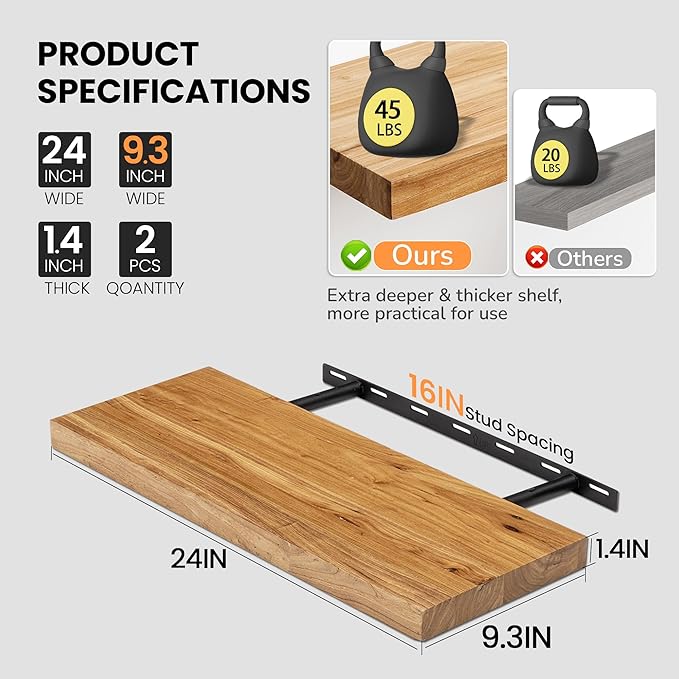 Fun Memories Floating Shelves for Wall, 24"x9.3" Rustic Solid Elm Wood Shelves, Heavy-Duty Wall Mounted Shelves with Invisible Brackets, Set of 2 for Living Room, Bedroom, Kitchen, Natural Finish-Ruum Studio Home