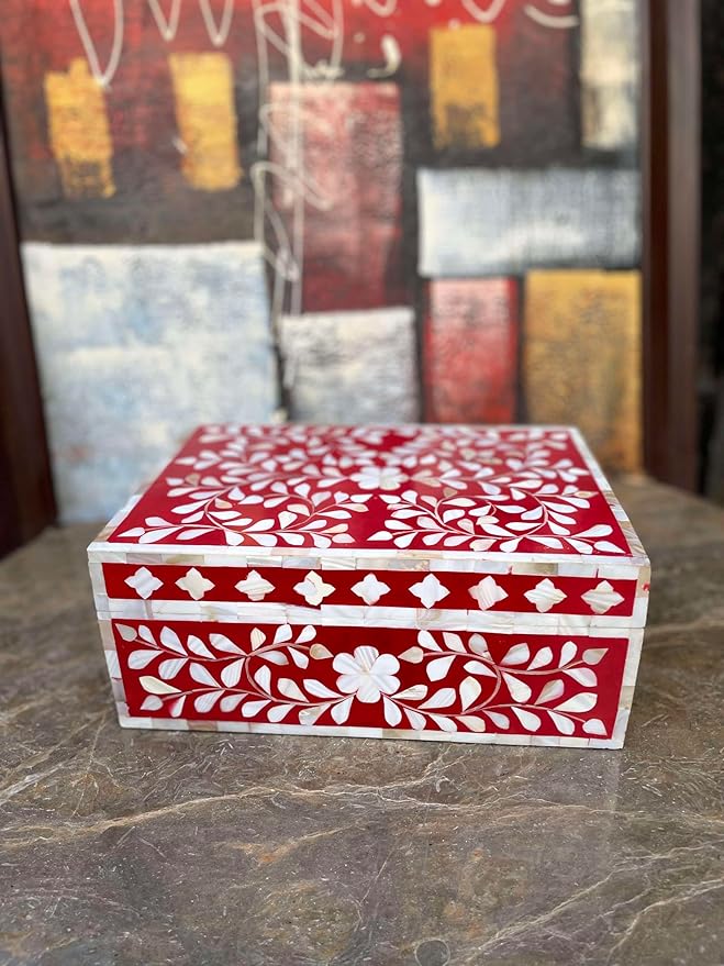 Decorative Wooden Storage Box with Mother of Pearl Inlay – Elegant Floral Design – Perfect for Home Décor in Living Room, Dining Area, or Bedroom (Red, 12x8x5 inches)-Ruum Studio Home