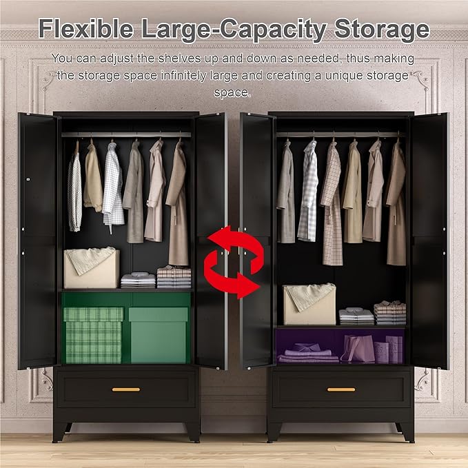 71'' Black Farmhouse Metal Wardrobe Cabinet with Hanging Rod, 2 Barn Door Wardrobe Closet with Adjustable Shelves,Drawer,for Dining Room,Bedroom,Living Room, Cloak Room,Office-Ruum Studio Home