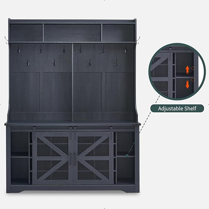 JXQTLINGMU 59" Farmhouse Hall Tree with Shoe Storage, Entryway Bench with 20 Cubbies, 12 Hooks & Sliding Barn Doors, Mudroom Coat Rack Cabinet, Black-Ruum Studio Home