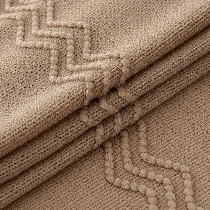 MIULEE Tan Taupe Knitted Throw Blanket for Couch Boho Textured Cozy Woven Blanket with Tassels for Sofa Chair Bed Living Room Farmhouse Home Decor Acrylic Wave Pattern 50"x60"-Ruum Studio Home