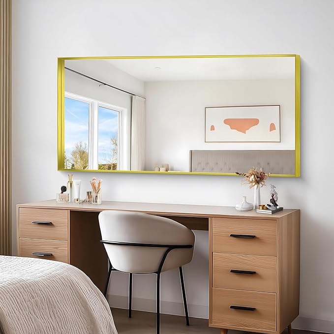 Gold Bathroom Mirror, 30x60 Inch Rectangular Deep Frame Mirror, Large Wall Mounted Bathroom Vanity Mirror Over Sink for Bedroom,Restroom, Living Room, Hangs Vertically or Horizontally-Ruum Studio Home