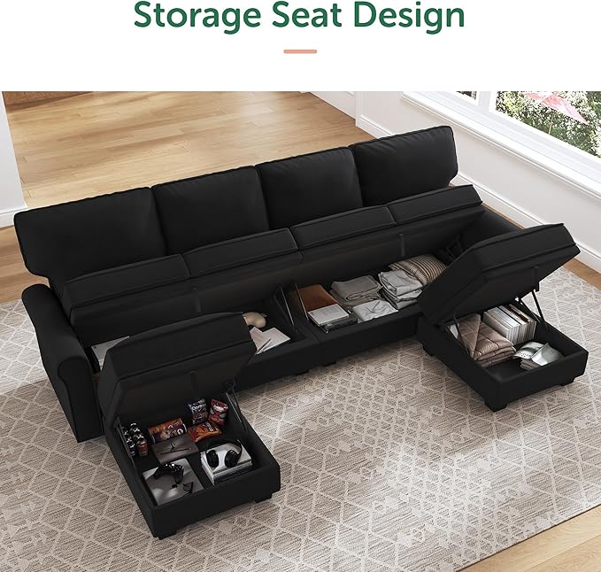 HONBAY Sectional Sofa with Storage Seat Velvet U Shaped Couch with Reversible Chaise Convertible Sectional Couches for Living Room,Black Velvet-Ruum Studio Home