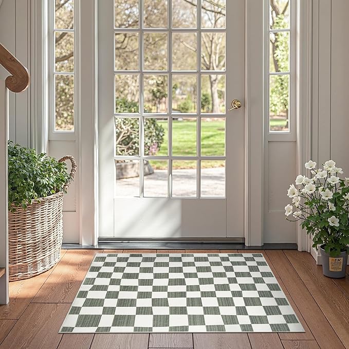 jinchan 2x3 Kids Area Rug Washable Indoor Entryway Doormat Modern Checkered Geometric Lattice Small Rug Non Slip Soft Carpet for Nursery Room Bedroom Bathroom Home Grey-Ruum Studio Home