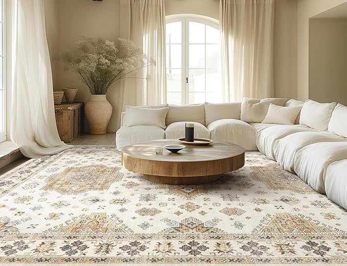 Washable Area Rugs for Living Room - 7x9 Neutral Vintage Distressed Floral Farmhouse Boho Large Soft Floor Rug Indoor Non Slip Carpet for Living Room Bedroom Dining Room Office - Orange/Yellow/Beige-Ruum Studio Home