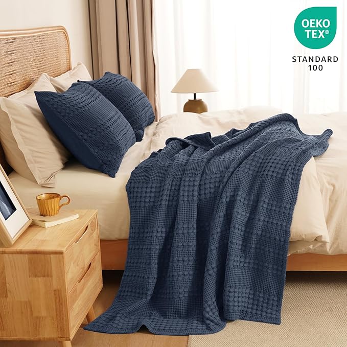 PHF 100% Cotton Waffle Weave Throw Blanket, Soft Lightweight Breathable Cozy Summer Throws for Couch Bed Sofa, Luxury Aesthetic Woven Blanket for Home Decor & Office, 50"x60", Dark Navy-Ruum Studio Home