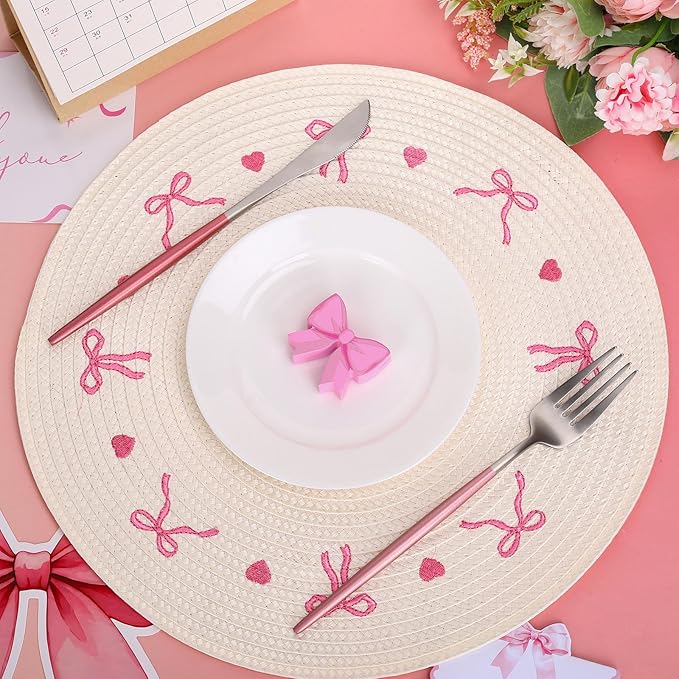 Whaline 4Pcs Round Placemats White Pink Bow Embroidered Place Mats Coquette Bowknot Heart Dinner Table Mats for Home Wedding Baby Shower Birthday Party Decor-Ruum Studio Home