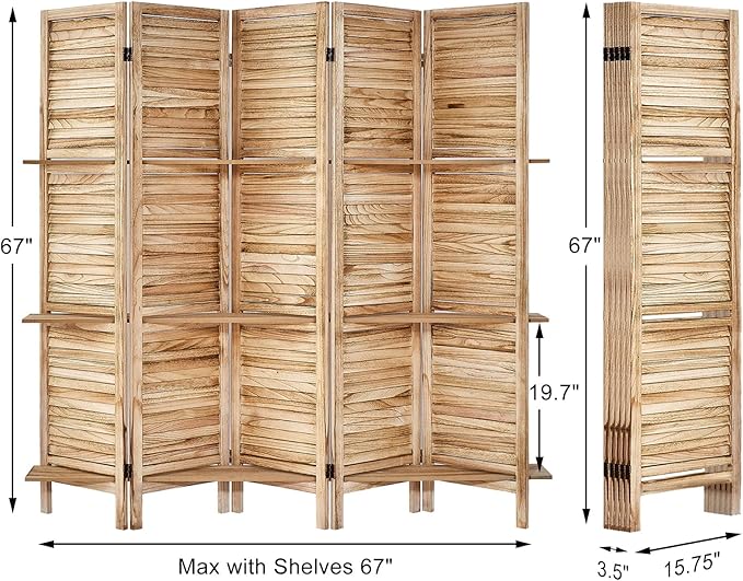 Room Divider with Shelves, Privacy Screen, Room Dividers and Folding Privacy Screens, 5 Panel Wood Temporary Wall Partition Separation Separator, Natural-Ruum Studio Home