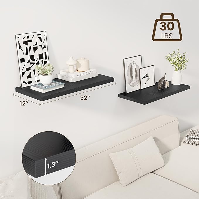 30" Floating Shelves for Wall, 12" Deep Slim Black Floating Shelves, Wall-Mounted Shelves for Bedroom, Living Room, Kitchen, Bathroom - Set of 2-Ruum Studio Home