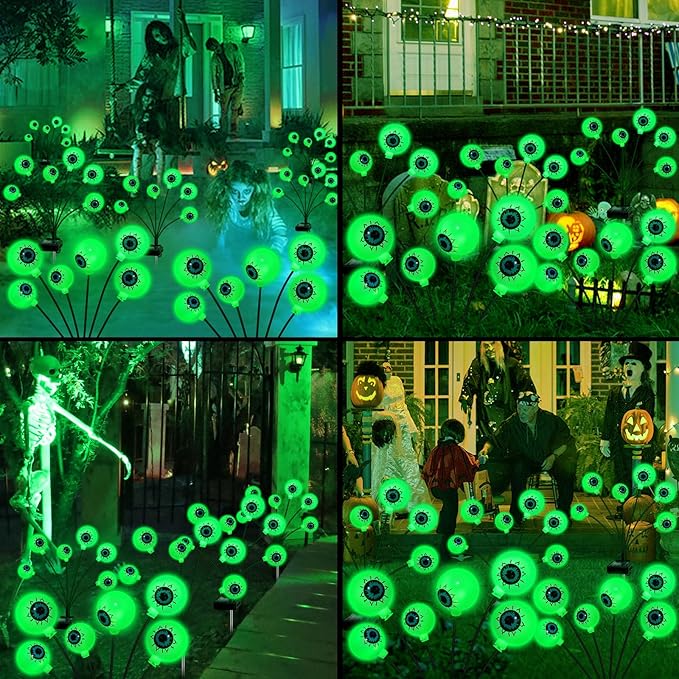Solar Halloween Decorations, 4 Pack 24 LED Spooky Eyeball Lights, Outdoor Waterproof Solar Green Firefly Lights for Garden Yard Patio Pathway Lawn Halloween Party-Ruum Studio Home