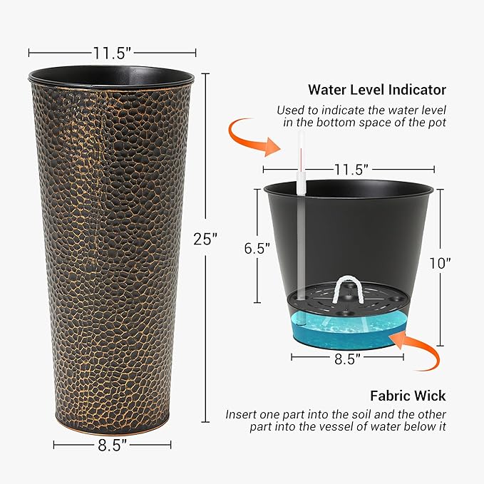 Worth Garden 2-Pack 25" H. Metal Planter with 2X Inside Pots - Hand-Hammered Texture Tall Cone Plant Pots - Large Handcrafted Black Flower Pot for Indoor Outdoor, Deck, Patio, Front Porch (Bronze)-Ruum Studio Home