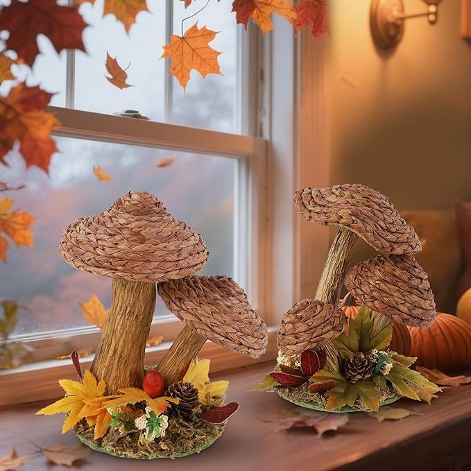 winemana 2 Pack Mushroom Fall Decor - Handmade Woven Mushrooms Figurines, Rustic Farmhouse Table Centerpieces for Thanksgiving, Autumn Home, Shelf & Kitchen Decor-Ruum Studio Home