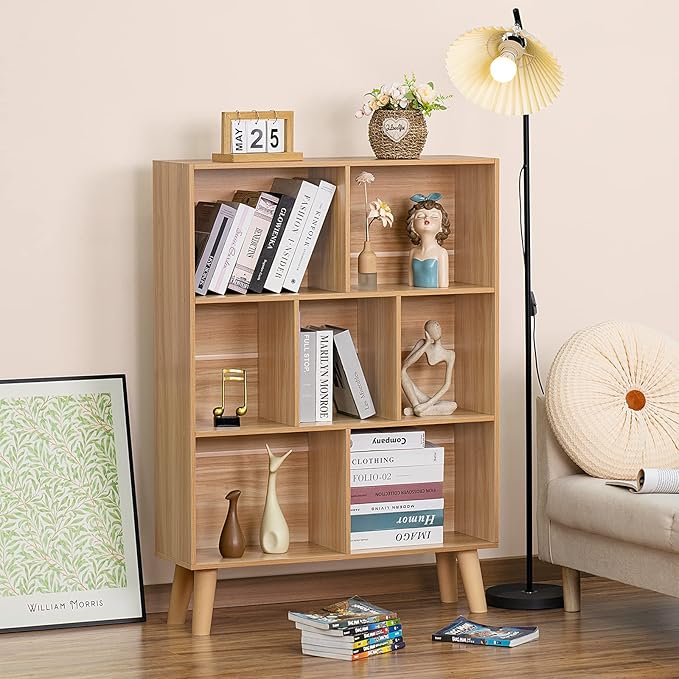 LEYAOYAO Wooden 7 Cube Book Shelf, Natural 3 Tier Bookshelf with Legs, Modern Open Storage Organizer,Boho Bookcase,Display Cabinet Shelf Free Standing Bookshelves for Bedroom,Living Room,Office-Ruum Studio Home