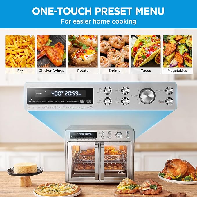 Midea Flexify French Door Toaster Oven Air Fryer Combo, 26.4 QT, Extra Large Air Fryer Countertop Oven 10-in-1 Combo, 25% Faster Cooking and 90% Less Oil, Stainless Steel-Ruum Studio Home