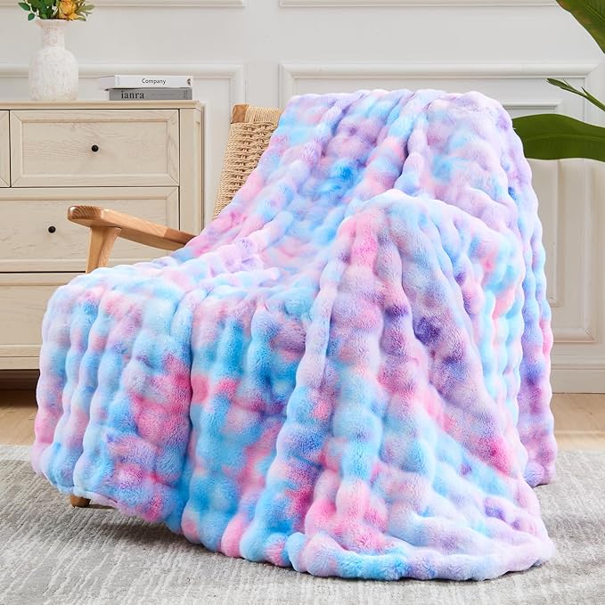 NEWCOSPLAY Faux Fur Twin Blanket Purple Rainbow Luxury Fluffy Thick Warm Bubble Blanket for Couch Sofa Bed 700GSM (Purple Rainbow, Twin(60"x80"))-Ruum Studio Home
