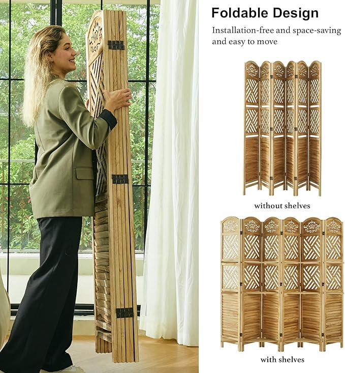 Room Divider with Shelves, 68.9inch Wood Carved and Louvered Wall Divider Freestanding, 6 Panels Folding Partition Screen for Bedroom Home Office (Natural)-Ruum Studio Home