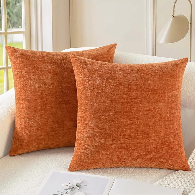 CaliTime Fall Throw Pillow Covers Decorative 24 X 24 Inches Pack of 2 Cozy Chenille Cushion Cases for Couch Sofa Bed Living Room Home Burnt Orange-Ruum Studio Home