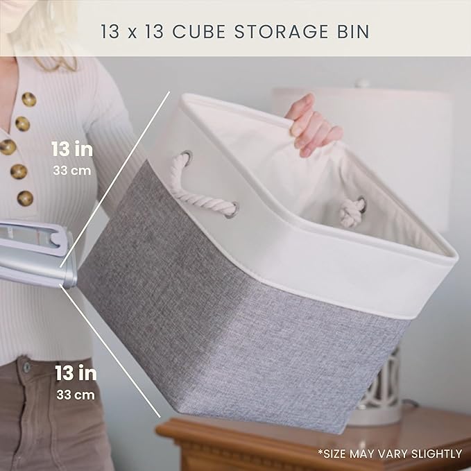 OrganiHaus 13x13 Cube Storage Bins 4 Pack, Foldable Cube Storage Organizer w/ Rope Handles, Collapsible Fabric Bins for Toys, Clothes & Closet Organization, Fabric Square Baskets - Gray/White-Ruum Studio Home
