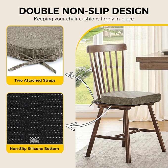 downluxe Indoor Chair Cushions for Dining Chairs, Soft and Comfortable Textured Foam Kitchen Chair Pads with Ties and Non-Slip Backing, 16" x 16" x 2", Khaki, 6 Pack-Ruum Studio Home