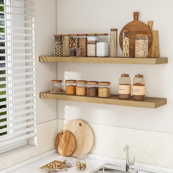 RICHFOCUS 48Inch Floating Shelves for Wall 1 Pack Shelves for Bedroom|Kitchen|Bathroom Wall Mounted Rustic Wood Floating Shelf with Invisible Brackets for Books|Storage|Decor, Oak-Ruum Studio Home