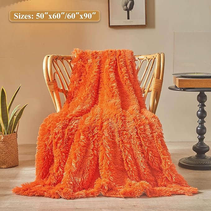 XeGe Luxury Faux Fur Throw, Orange Soft 50x60 Fluffy Blanket, Shaggy Plush Decorative Couch Throw, Cute Furry Bed Throw Fuzzy Office Lap Blanket for Bedroom Living Room Sofa, Orange-Ruum Studio Home