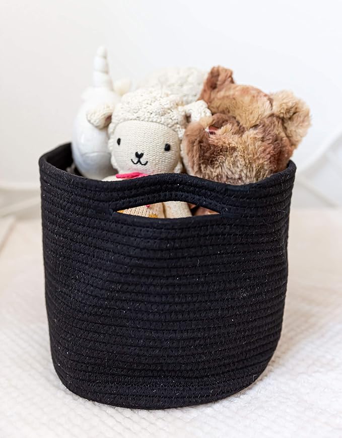OrganiHaus Woven Storage Baskets for Organizing, Cotton Rope Organizer Bins for Shelves, Closet & Nursery, Dog Toy Basket, Decorative Bins for Toys, Towels & Books - 15x10x9, Black-Ruum Studio Home