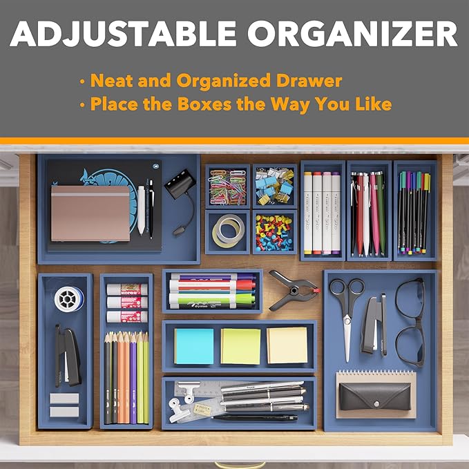 SpaceAid 14-Piece Bamboo Drawer Organizer Storage Boxes Set, Wood Tray Junk Drawer Organizers Multi-Use Divider Bins for Kitchen, Bathroom, Office Desk and Makeup Organization (14 Pack, Navy Blue)-Ruum Studio Home