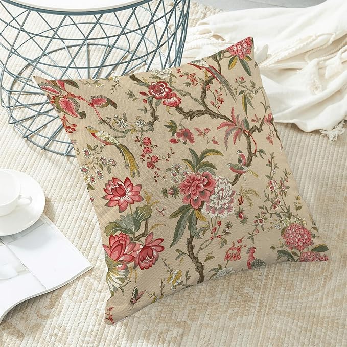 CXMEIFLY Spring Floral Birds Pillow Covers 18 x 18 Inch Set of 2 for Chinoiserie Flowers Decor Throw Pillows Pink Red Plant Outdoor Decorative Cushion Cases for Couch Bed Decorations-Ruum Studio Home