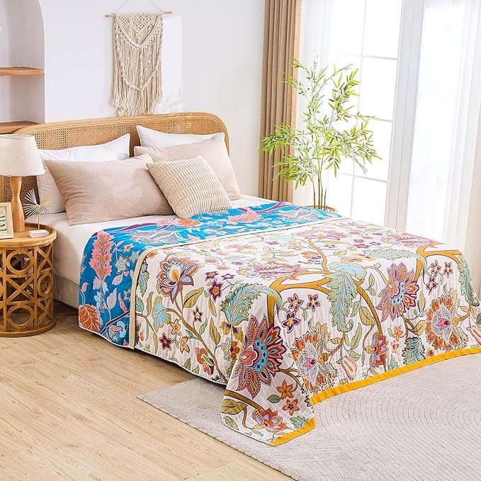 Boho Throw Blanket for Bed, 100% Cotton Soft Rustic Quilt Fall Blanket, 80"x90" Floral Printed Farmhouse Decor Bed Blankets, All Season Rustic Reversible Bohemian Throw Quilt-Ruum Studio Home