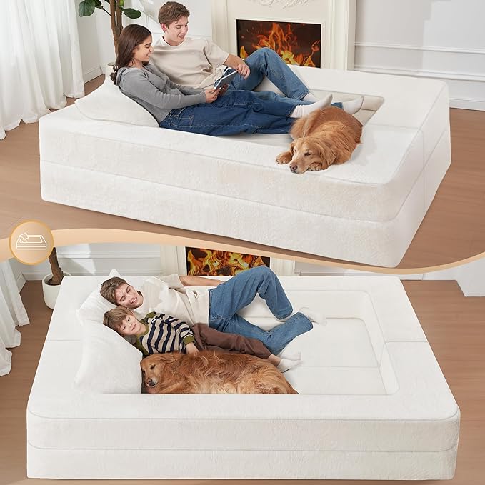 Folding Bean Bag Chair for Adults,3-in-1 Bean Bag Couch Faux Fur Floor Sofa Large Beanbag Convertible Bean Bag Sofa Bed with Pillow in Bedroom,Living Room,Apartment(Queen,Milky White)-Ruum Studio Home