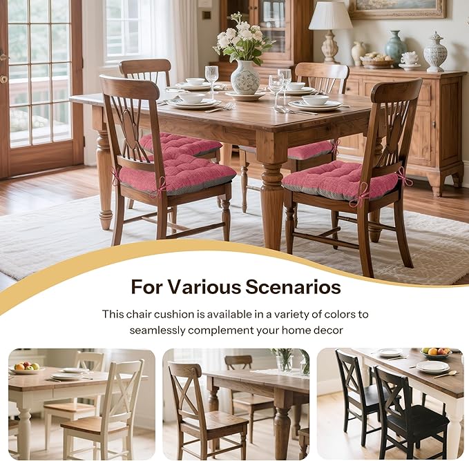 Non Slip Chair Cushions for Dining Chairs Set of 4 Kitchen Chair Cushions 18"x18"x3" Turfted Chair Pads Comfortable and Soft Seat Cushion with Ties (Pink)-Ruum Studio Home