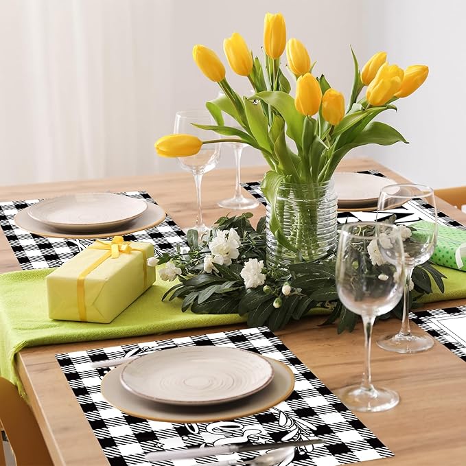 Love Family Placemats Set of 6 Buffalo Plaid Plastic Table Mats Black and White Plaid Place Mats Washable Vinyl Love Home Checkered Table Decoration for Indoor Outdoor Party Kitchen Dining-Ruum Studio Home