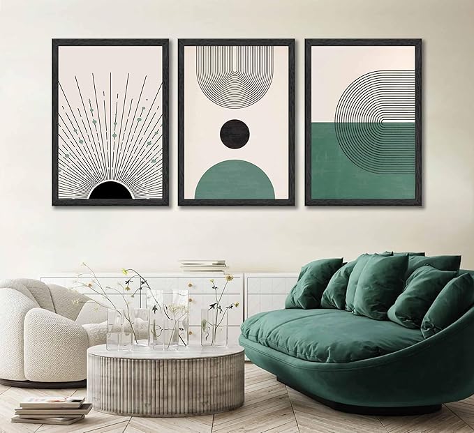3 Pcs Sage Green Boho Canvas Wall Art Modern Abstract Minimalist Neutral Bohemian Sun Geometric Line Painting Picture Wall Decor Poster Print Artwork for Living Room Bedroom Home Decoration Unframed-Ruum Studio Home