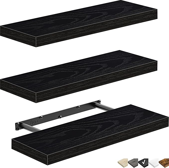 QEEIG Floating Shelves for Wall Bathroom Shelf Bedroom Kitchen Living Room Hanging Book Shelves Small Farmhouse Decor 16 inch Set of 3, Black (015-B3)-Ruum Studio Home