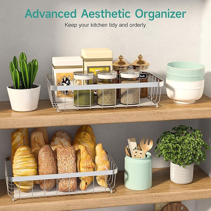 2 Tier Fruit Basket for Kitchen Counter with 2 Banana Hangers, 2025 Pro Detachable Metal Fruit Bowl with Wooden Handle,Fruit Holder for Bread Snack Veggies, Silvery-Ruum Studio Home