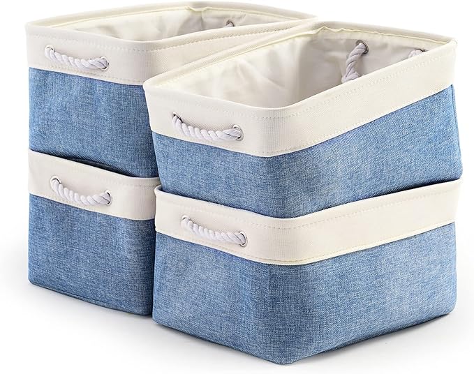 TcaFmac Storage Basket for Organizing - Large 4 Pack Fabric Storage Bins Baskets for Shelves with Ropes, Foldable Storage Cubes for Closet Cloth Toy (White & Blue16x12x8 inch)-Ruum Studio Home