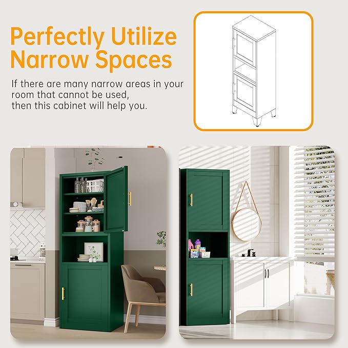 Tall Narrow Storage Cabinet 66.93" H Tall Bathroom Cabinet Metal Pantry Cabinets, 4 Adjustable Shelves for Kitchen, Home Office, Living Room, Dinning Room (20 inches Wide Green)-Ruum Studio Home