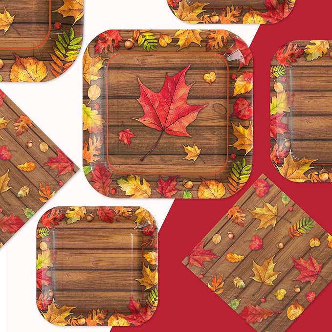 200Pcs Fall Party Decorations Watercolor Autumn Maple Leaves Paper Plates and Napkins Thanksgiving Wooden Grain Tableware Sets for Holiday Harvest Birthday Wedding Dinner Party Supplies Serves 50-Ruum Studio Home