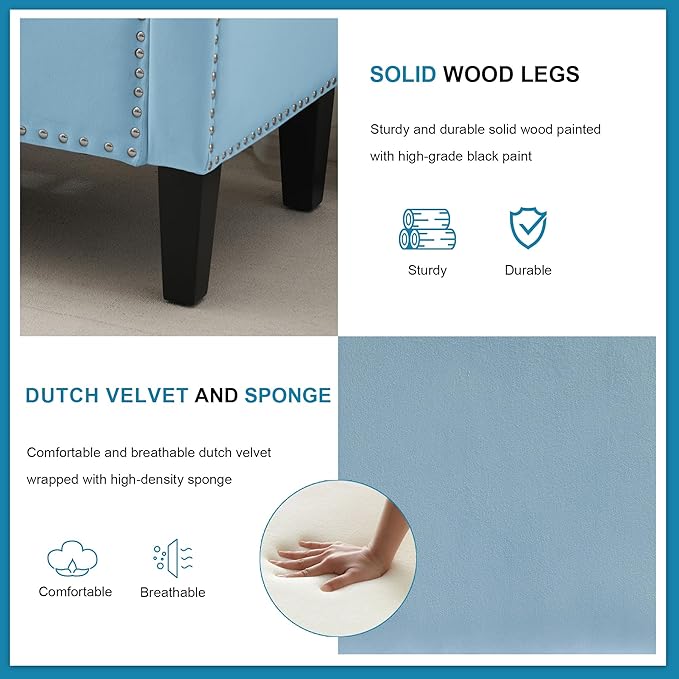 Storage Ottoman Bench, Velvet Upholstered Footstool for Bedroom and Living Room, Tufted Seat with Storage, Wooden Legs & Metal Rivets, Light Blue-Ruum Studio Home