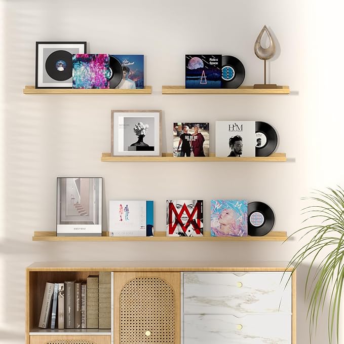 Fun Memories Picture Ledge Shelf, 48 Inch Floating Shelves Set of 2, Large Nursery Book Shelves for Toys Storage, Kids Bookshelf Wall Mounted for Wall Decor Books Photo Frames, Oak-Ruum Studio Home