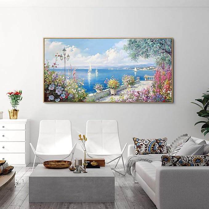 XLSJERST Blue Coastal Wall Art - Ocean Seascape Canvas Yellow Green Flowers Painting Landscape Sailboat Picture Artwork Modern Large Framed for Living Room Bedroom Home Office Decor 20"x40"-Ruum Studio Home
