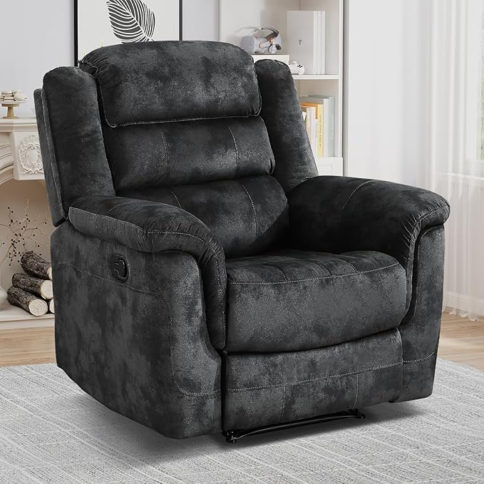 EBELLO Manual Recliner Chair, Soft Fabric Recliner Sofa with Overstuffed Armrest and Backrest for Living Room, Bedroom, Grey-Ruum Studio Home