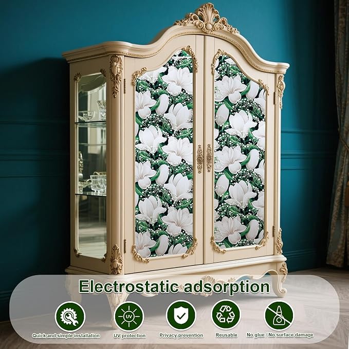 Window Privacy Film Stained Glass Decorative Static Clings Frosted Window Tint for Home Room Decor Bathroom Door Car Stickers with Glittering Effect, Removable(Magnolia Design)-Ruum Studio Home