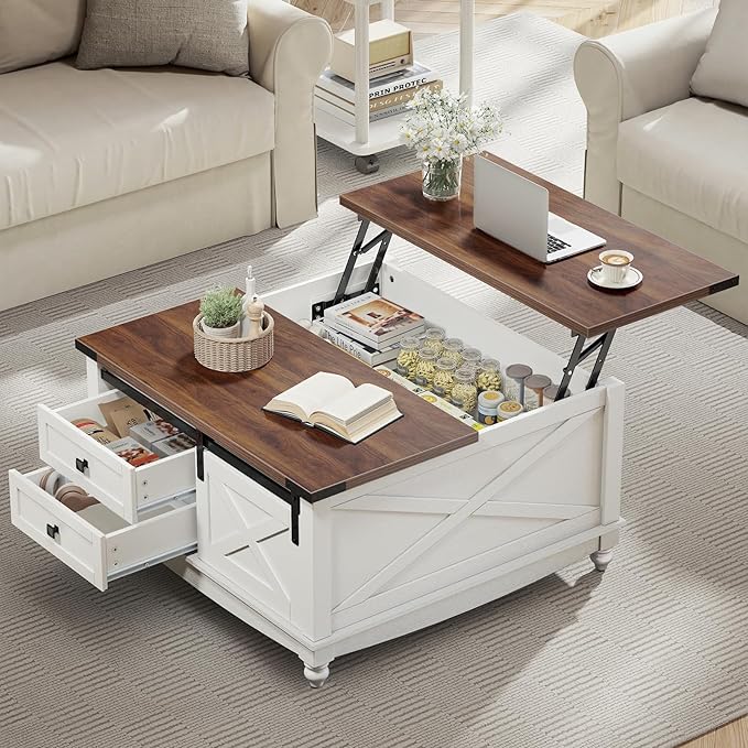 31.5" Lift Top Coffee Table with Storage, Farmhouse Coffee Tables for Living Room, Square Coffee Table with Large Hidden Storage Compartment, 2 Drawers & Removable Shelves, White-Ruum Studio Home