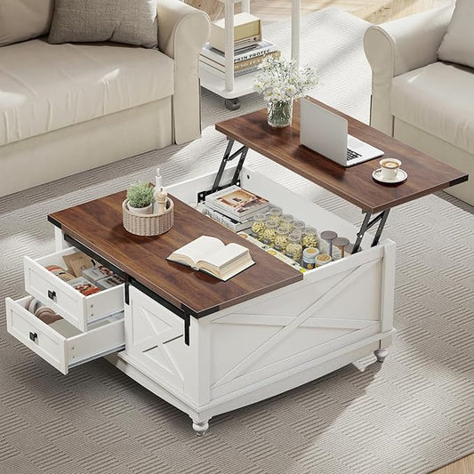 31.5" Lift Top Coffee Table with Storage, Farmhouse Coffee Tables for Living Room, Square Coffee Table with Large Hidden Storage Compartment, 2 Drawers & Removable Shelves, White-Ruum Studio Home