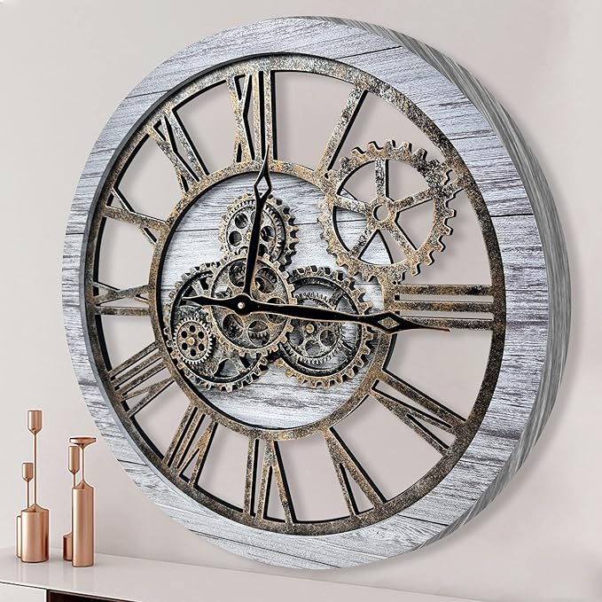 The B-Style Large Wall Clock 24 inch Moving Gear Wall Clock Oversized Vintage Farmhouse Wall Clocks for Living Room Decor Rustic Industrial Wood Clock (Silver Gray and Bronze)-Ruum Studio Home